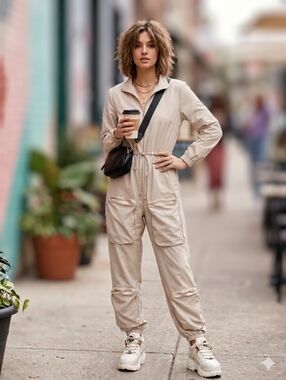 Cream Utility Zip Front Jumpsuit